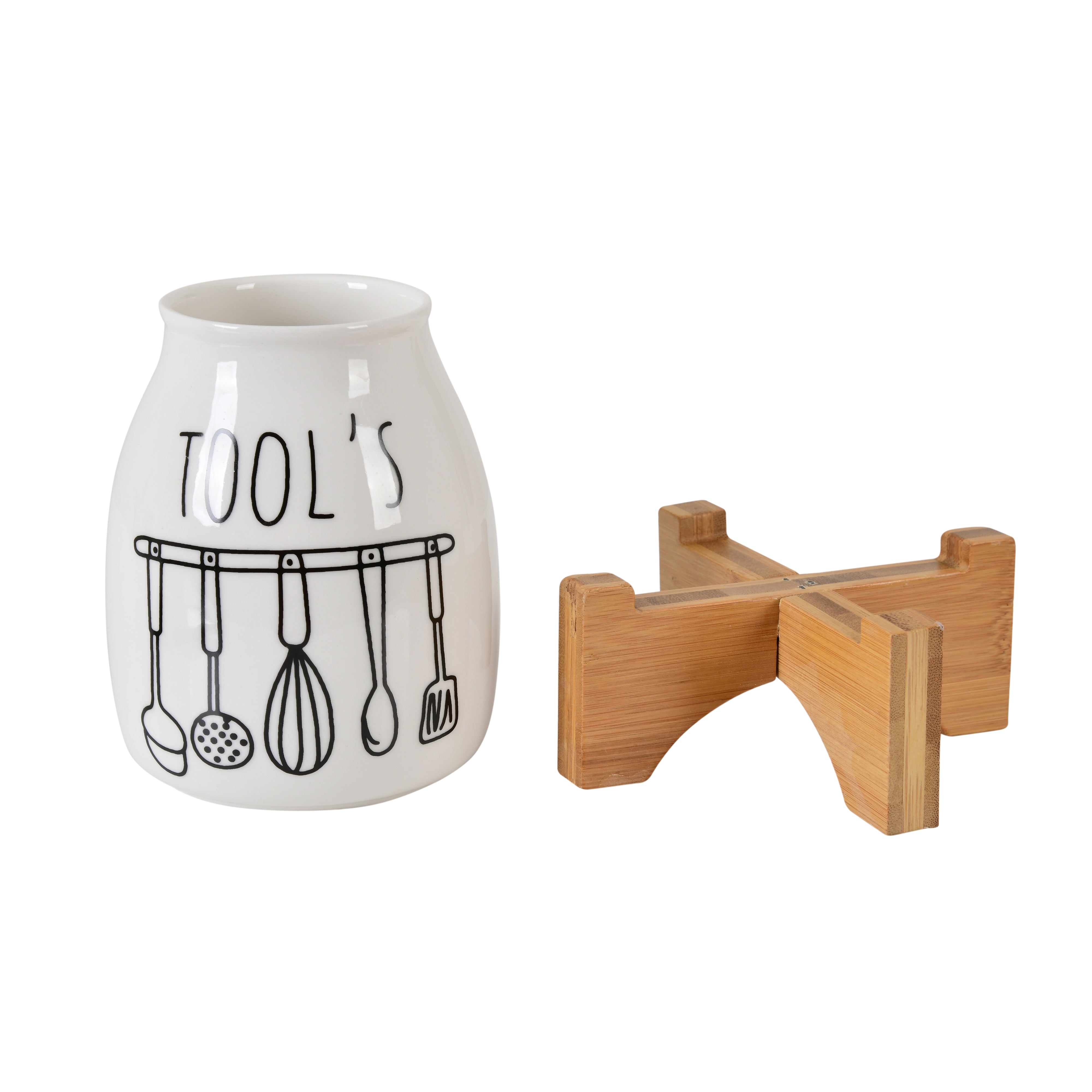 Premium Ceramic Tool Utensil Holder with Wooden Stand – Decorative Countertop Organizer