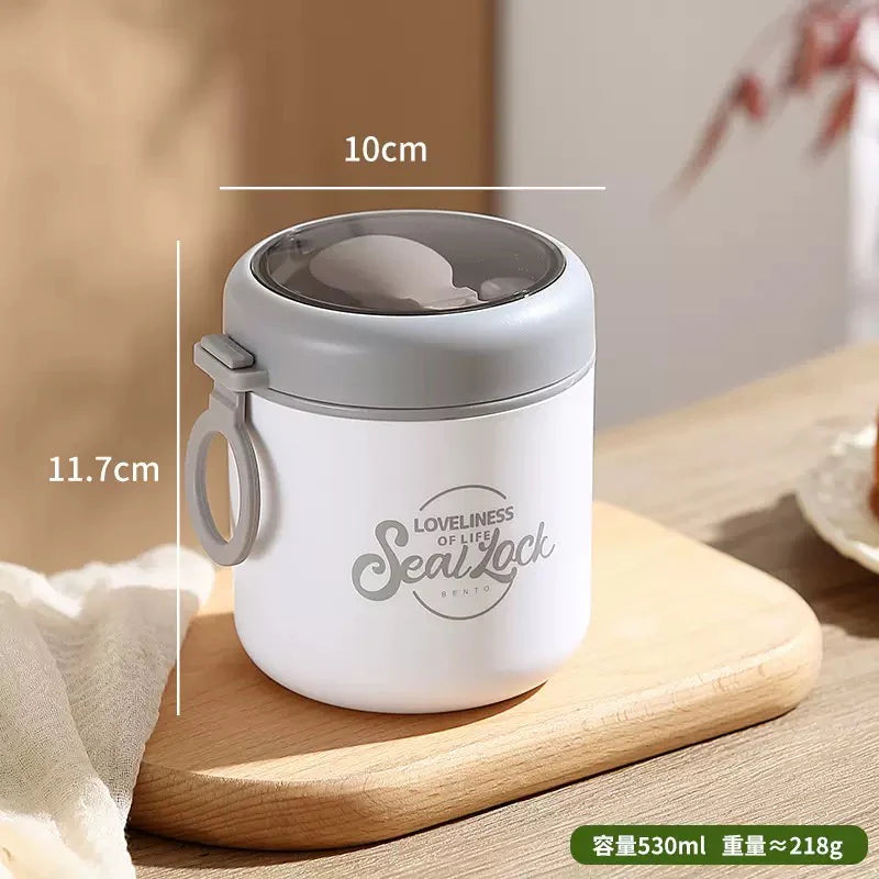 Bella N Bloom Stainless Steel Insulated Lunch Box with Spoon, Leakproof Twist Lid Food Jar, White & Grey, Compact Meal Container for Office, School & Travel