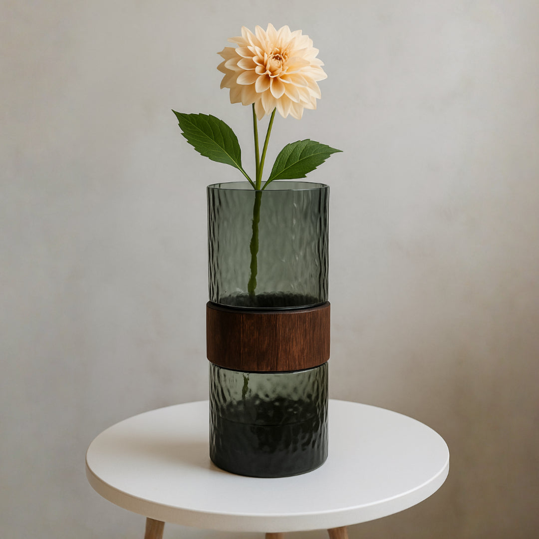 Large Smoky Textured Glass Vase with Wooden Ring