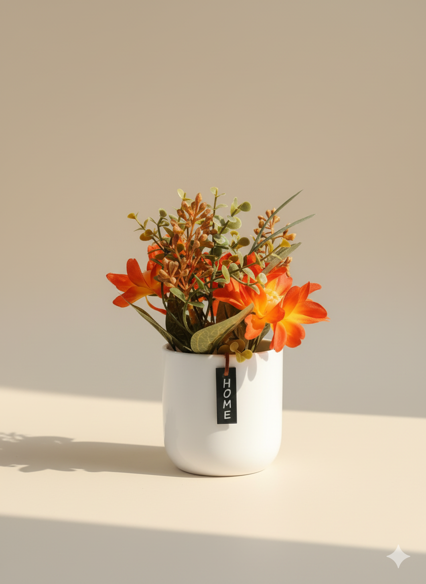 White Ceramic Planter with Artificial Orange Flowers & Green Foliage