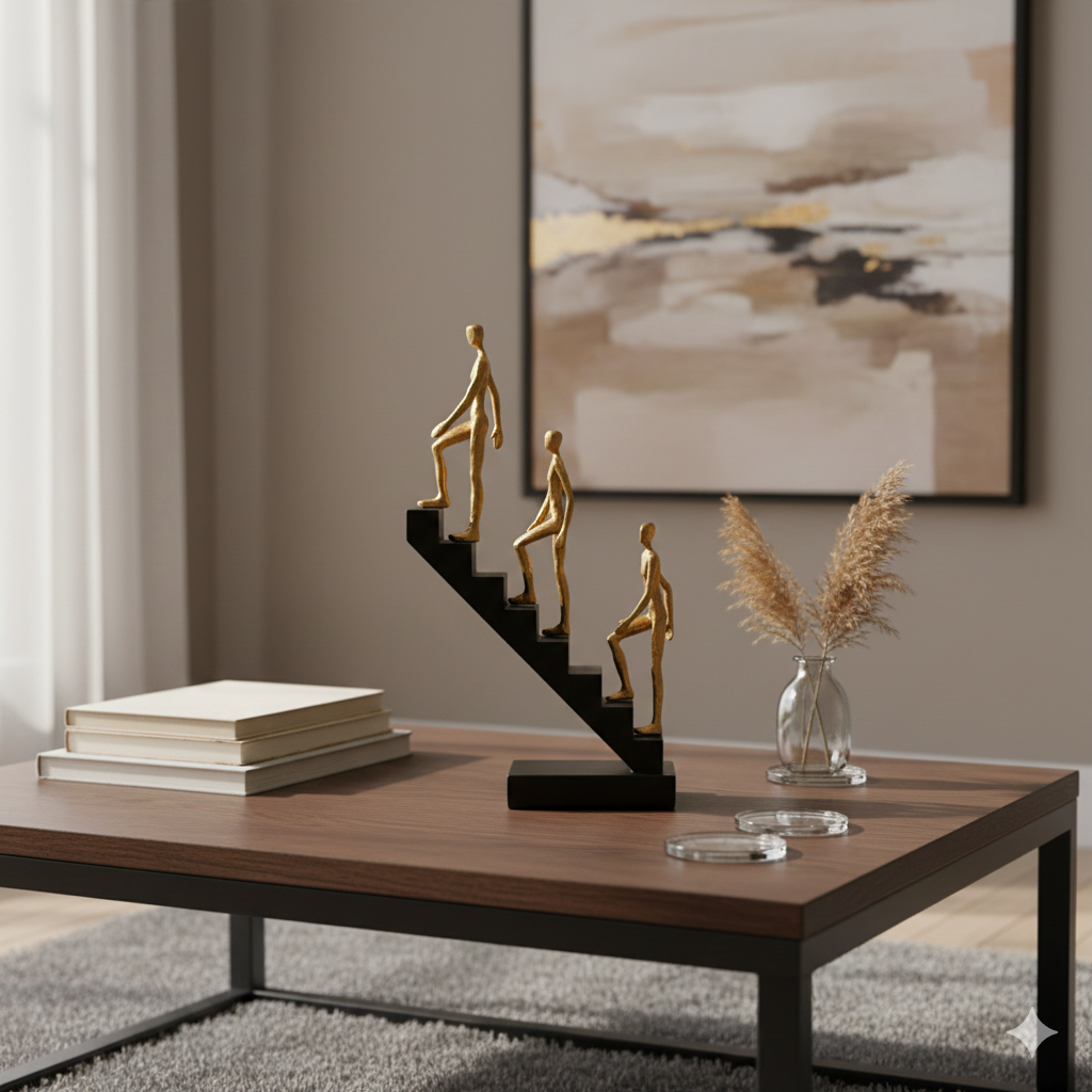 Success Ladder Figurine – 3 Golden Men Climbing Black Stairs