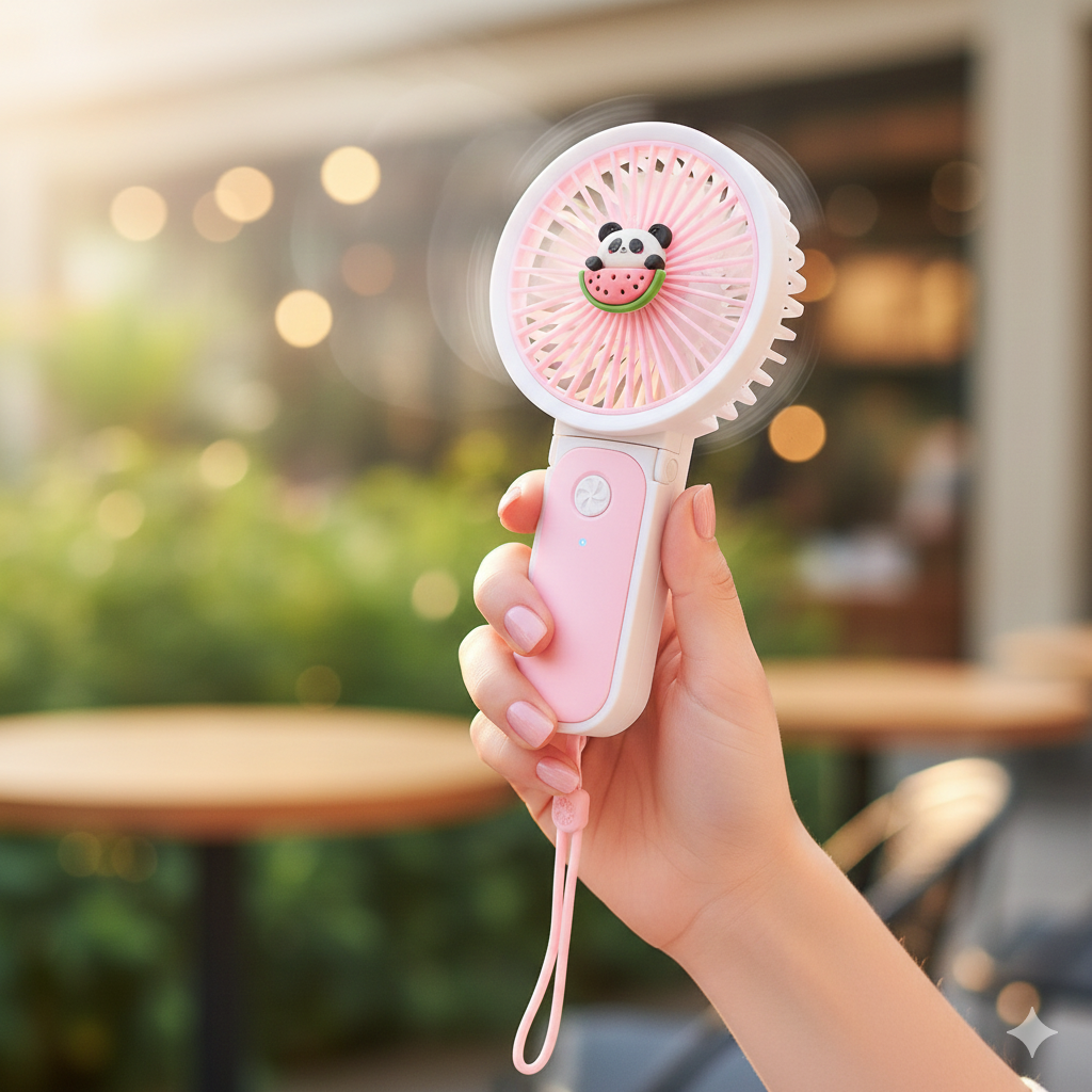 Hand Operated Mini Fans (Pink white body with Panda Charm)