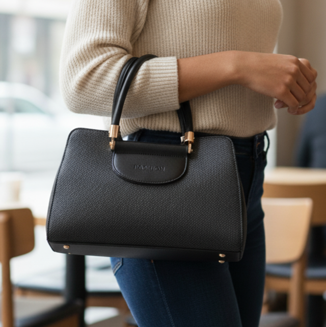 Women’s Black Textured Handbag – Polyurethane Finish with Gold Accents & Adjustable Sling Strap