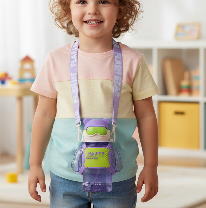 Happy Teddy Water Bottle- 450ml (Purple)