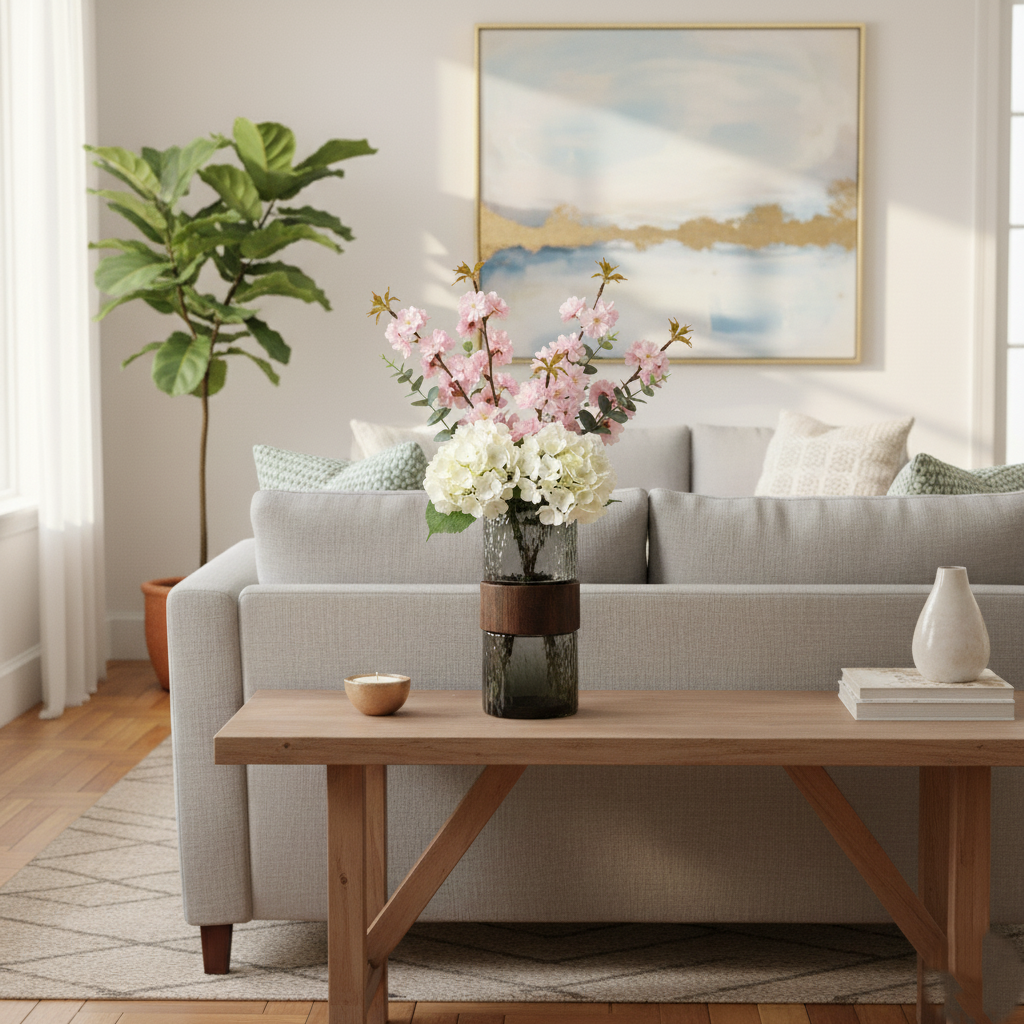 Large Smoky Textured Glass Vase with Wooden Ring