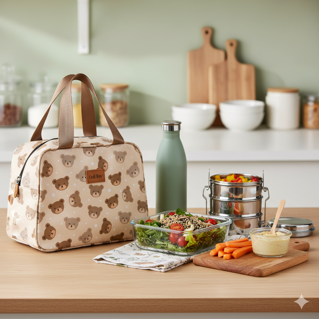 Beige Base with Multicolor Teddy Face print-insulated Lunch Bag