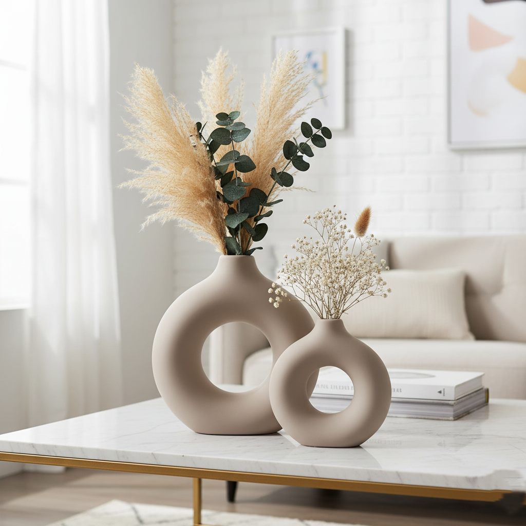 Set of 2 Decorative Beige Ceramic Vases – Matte Finish Round Style