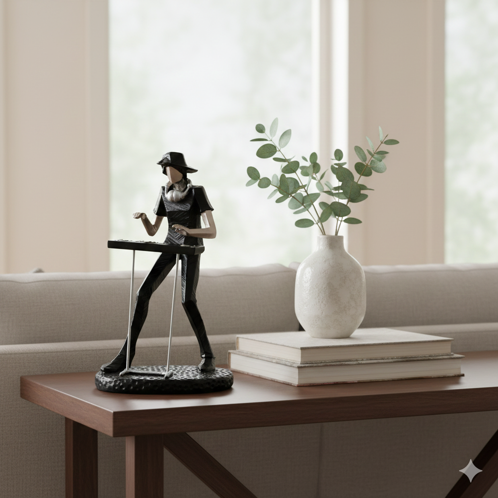 Decorative Musician Figurine – Silver & Black Keyboard Player