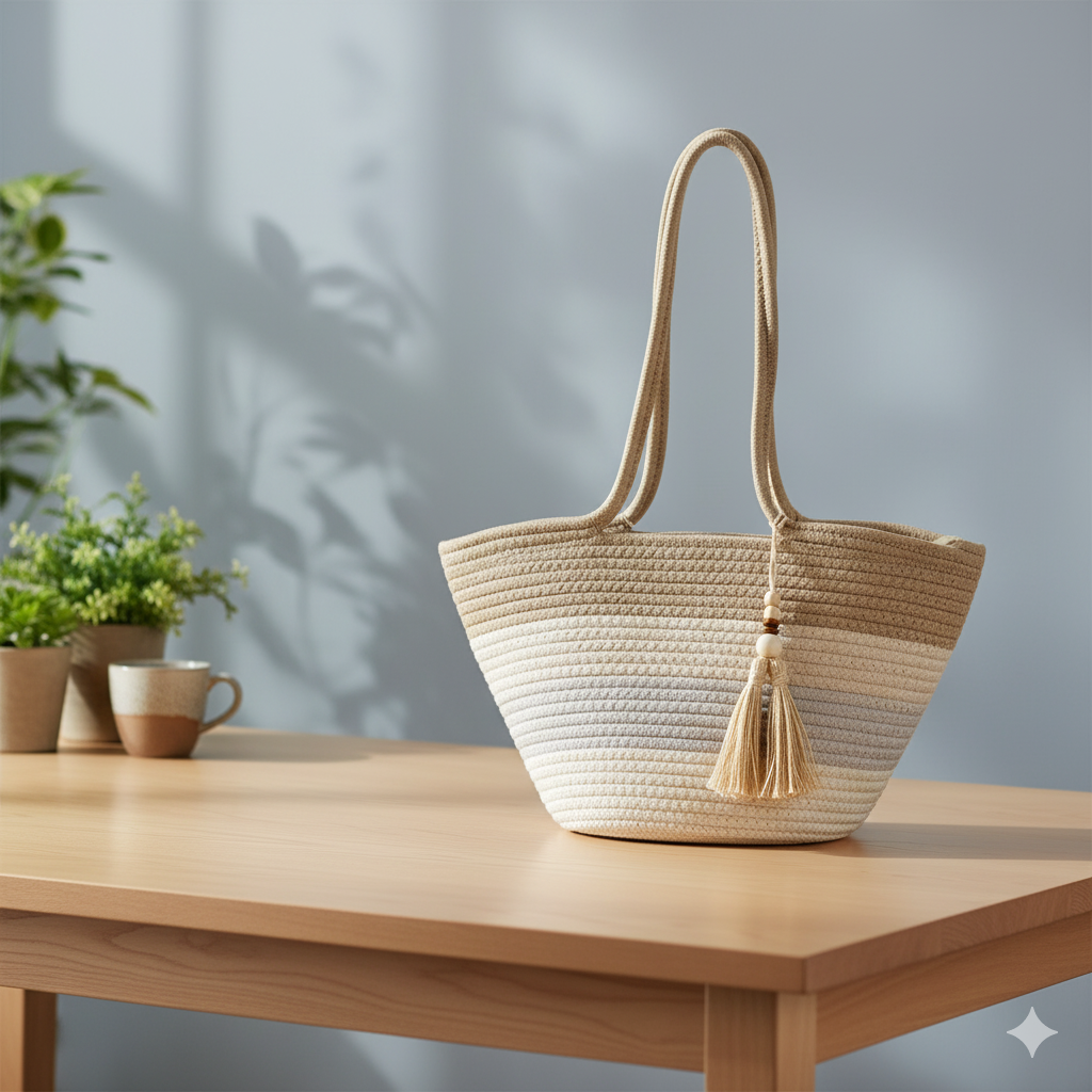 Beige & Grey Cotton Woven Tote Bag