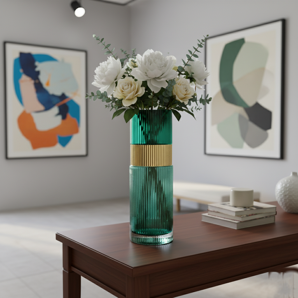 Large Turquoise Ribbed Glass Vase Set with Gold Accent