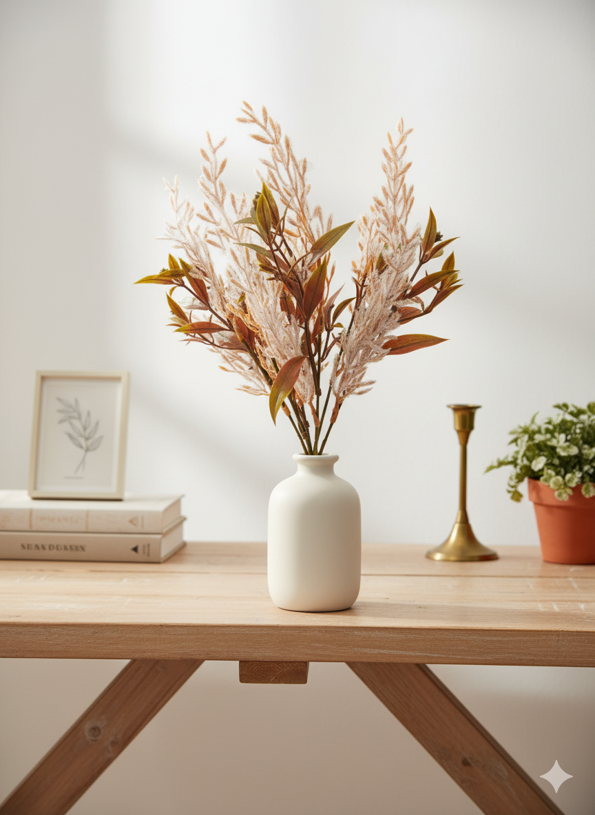 Artificial Filler Stick – Brown-Green Leaves with Soft Beige Fuzzy Sprigs