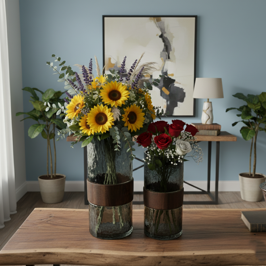 Smoky Textured Glass Vase with Wooden Accent Ring – Modern Decorative Vase (Set of 2)