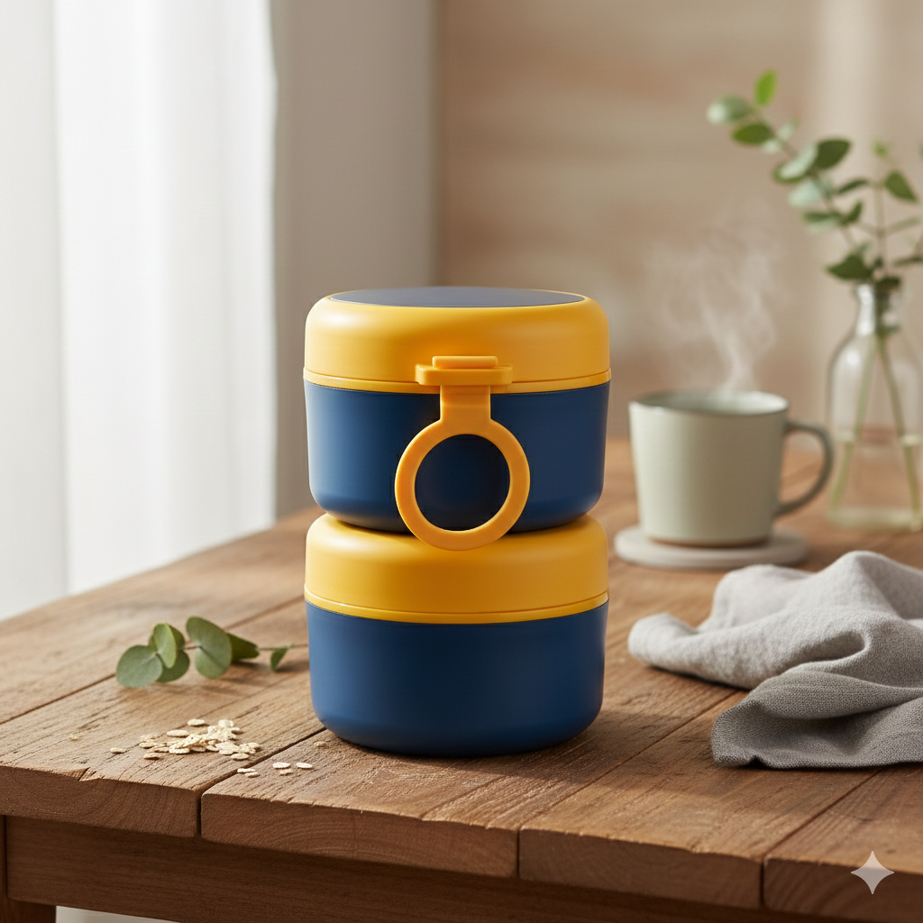 Double Compartment Stainless Steel Twist & Go Lunch Box (Blue with Yellow)