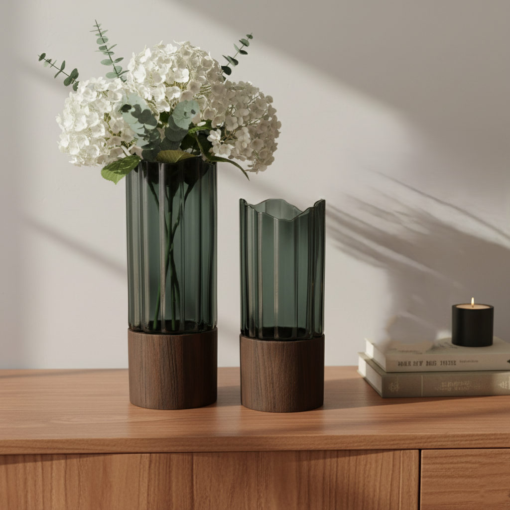 Ribbed Smoky Glass Vase with Wooden Base (Set of 2 / Individual)