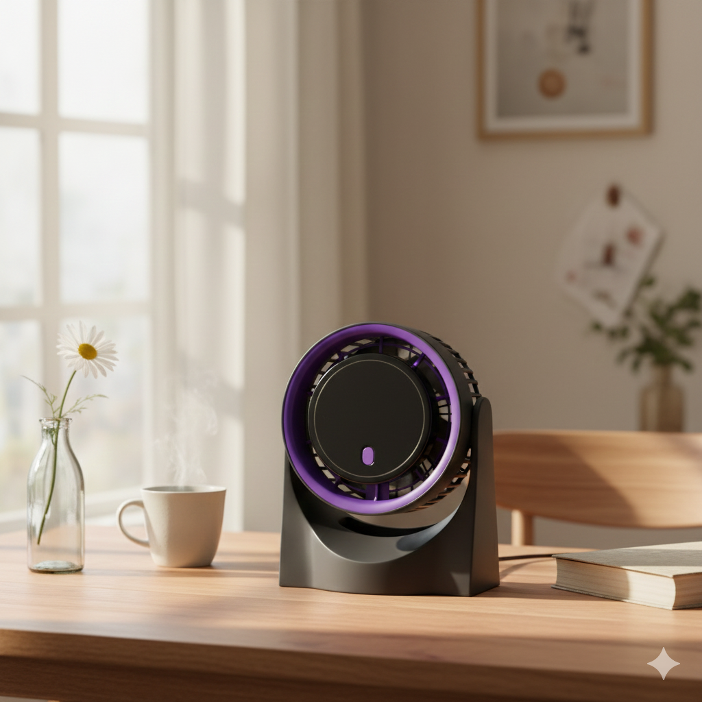 Electric Mini Table Fan (Charcoal Grey with Purple ring)