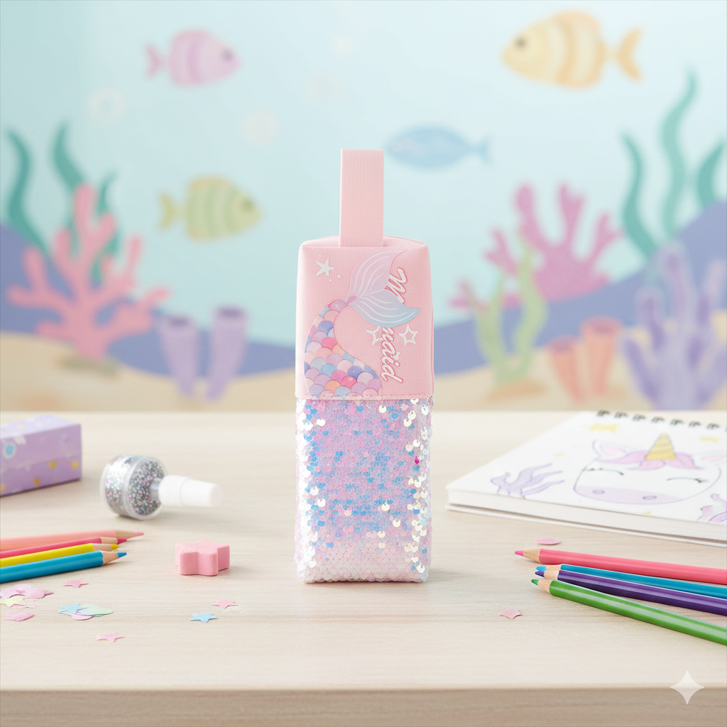 Mermaid-Themed Sequin Pencil Pouch (Pink)