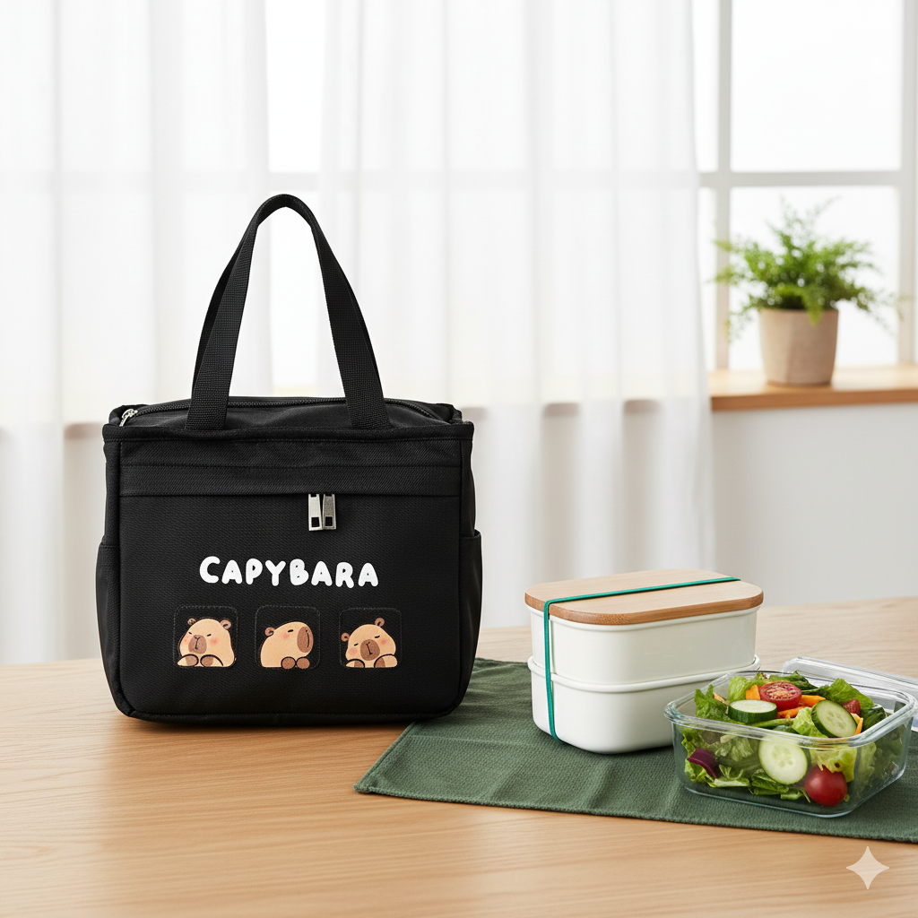 Capybara Lunch Bag- Black -Thermal Insulated