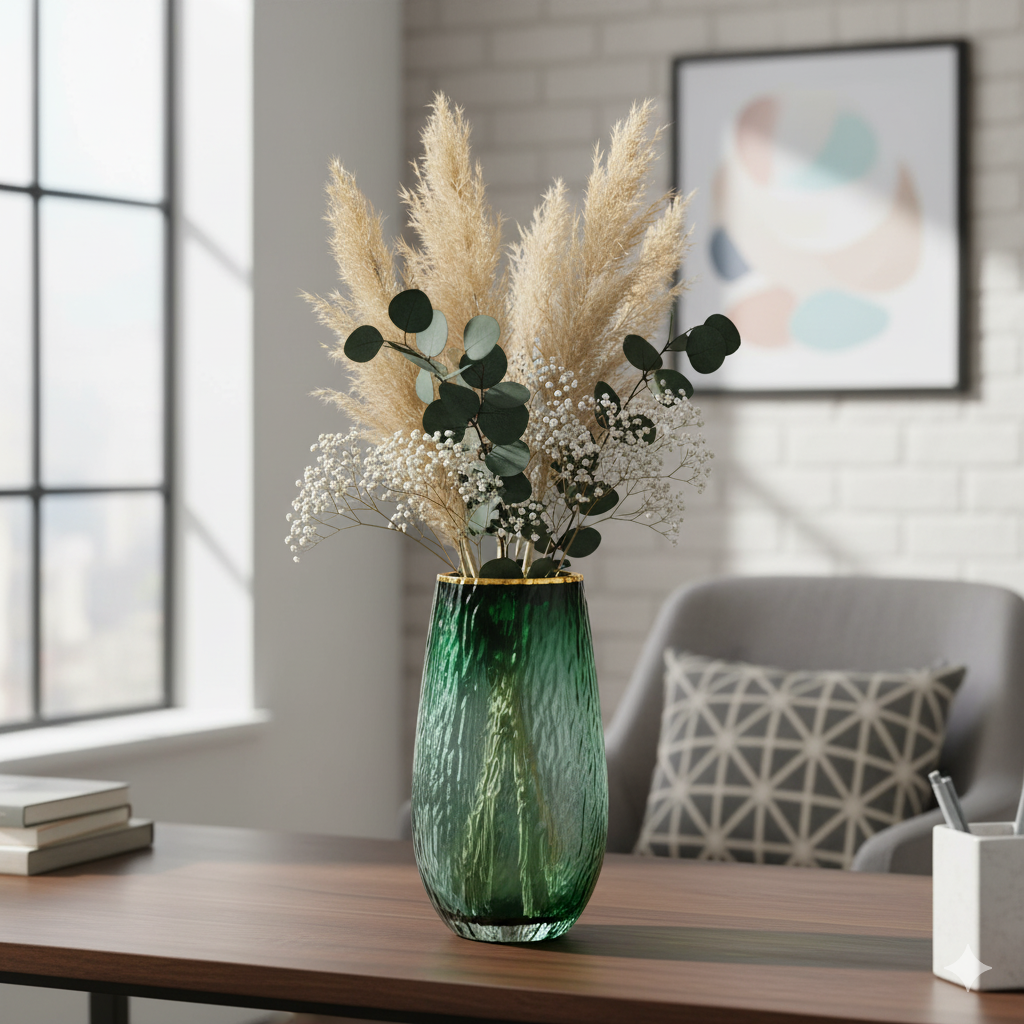 Emerald Green Glass Vase with Golden Rim