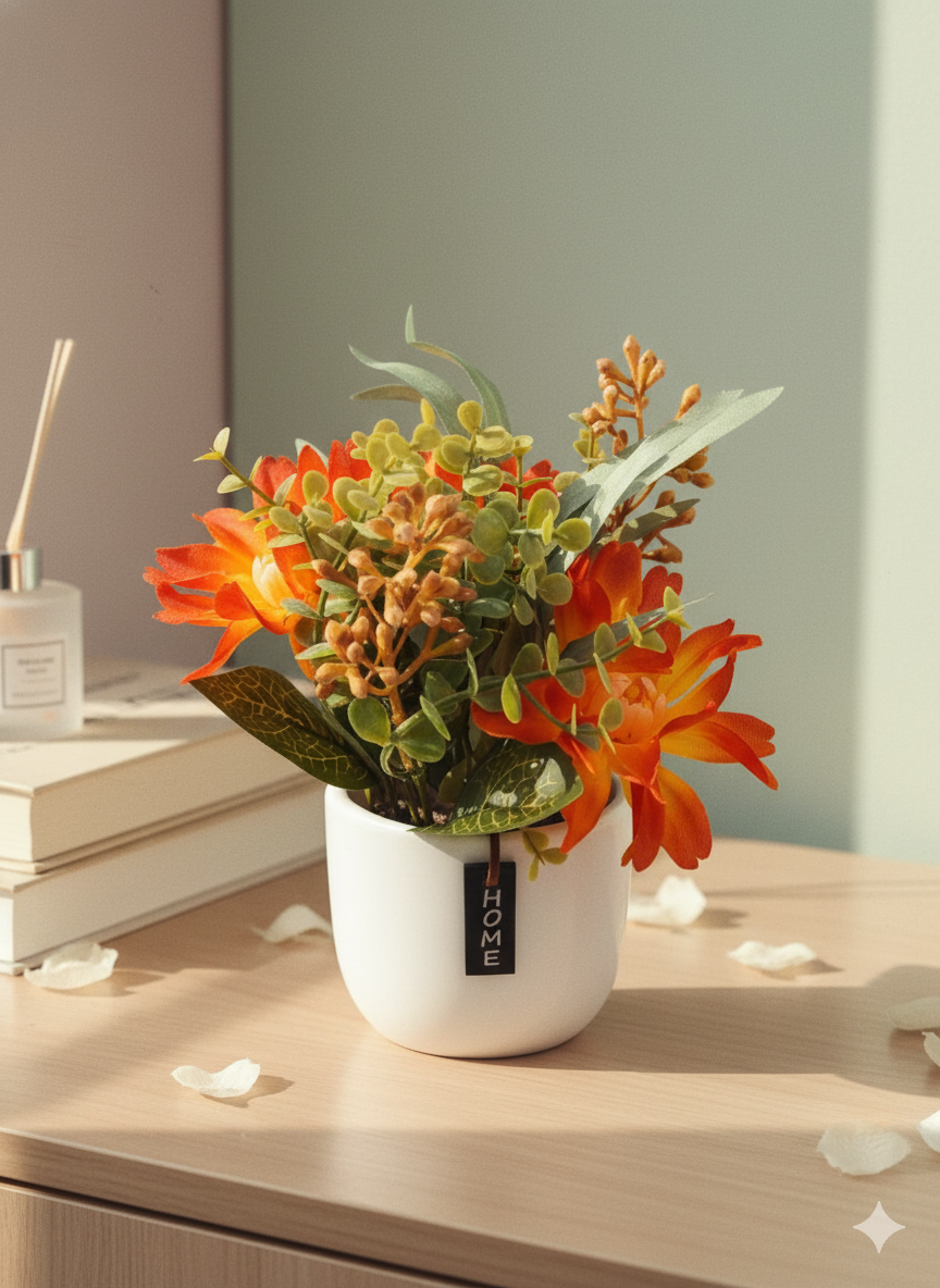 White Ceramic Planter with Artificial Orange Flowers & Green Foliage