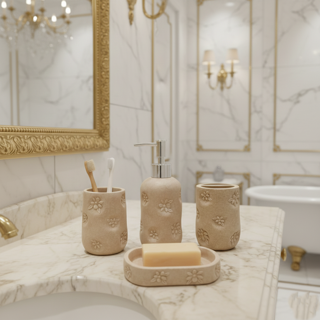 Elegant Floral-Embossed Stone-Look Bathroom Accessory Set – Soap Dispenser, Toothbrush Holder, Tumbler & Soap Holder (4-Piece Set)