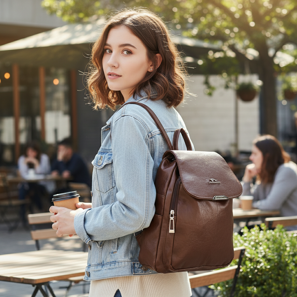 New Look Rucksacks Unisex Brown Leather-Look Backpack – Multi-Pocket Design with Adjustab ...