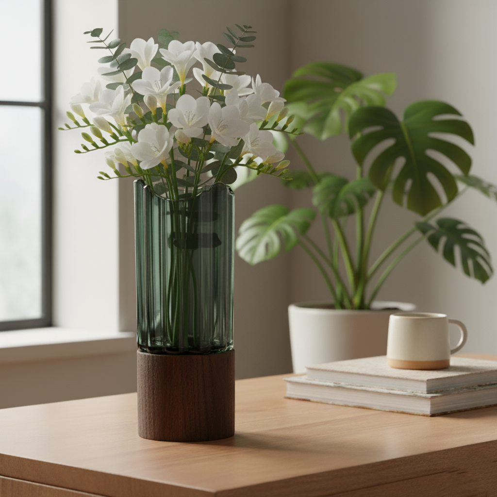 Ribbed Smoky Glass Vase with Wooden Base – Small