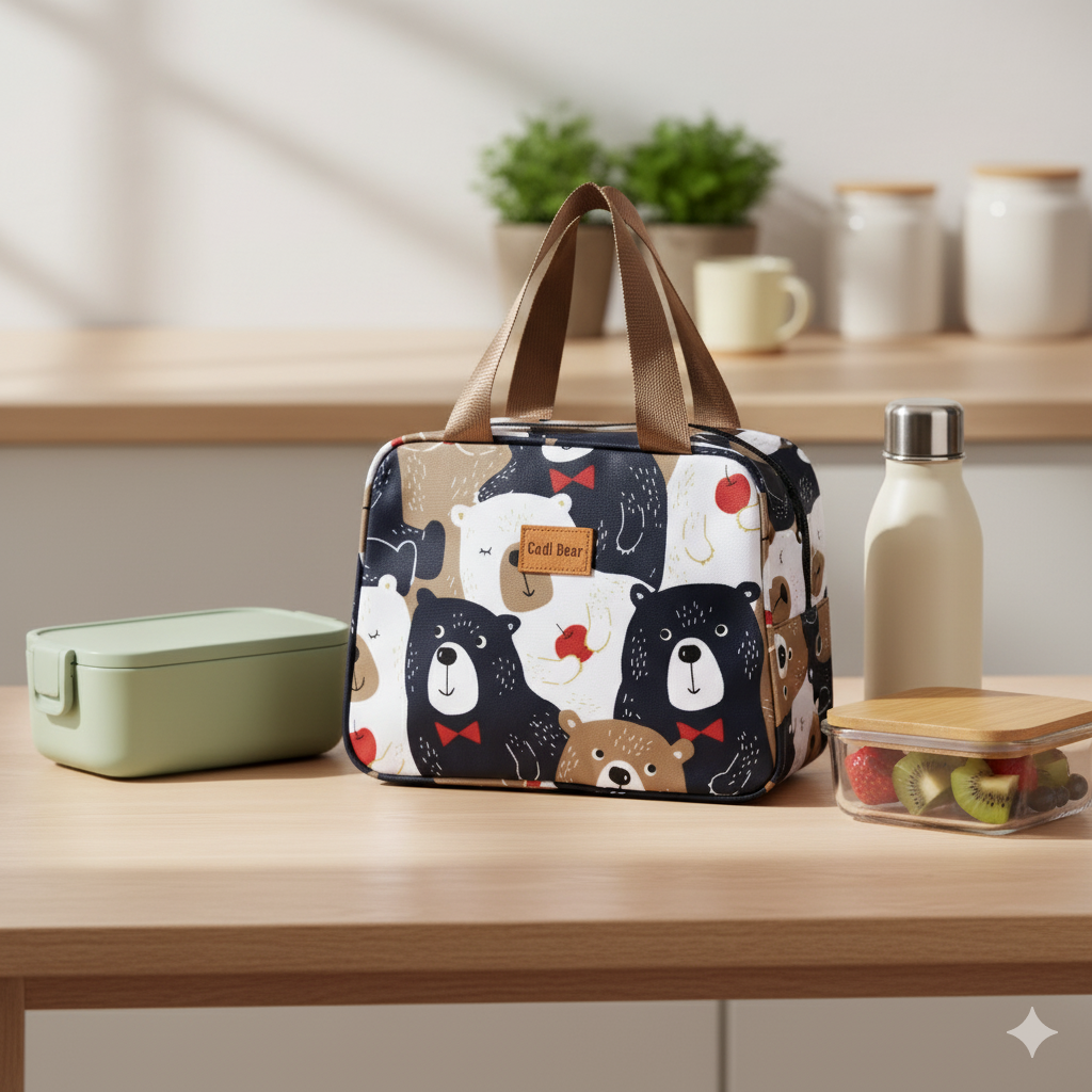 Beige/Navy/White base with multicolor bear print- insulated Lunch Bag