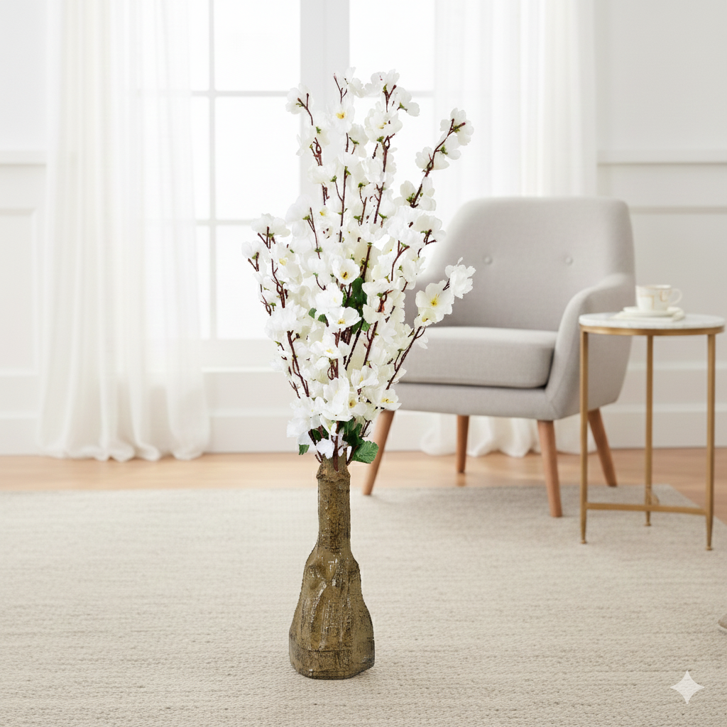 Artificial Planter-Cherry Blossom (White with Green Leaves)