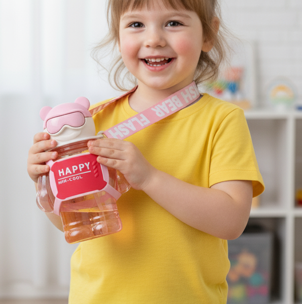 Happy Teddy Water Bottle- 450ml (Pink)