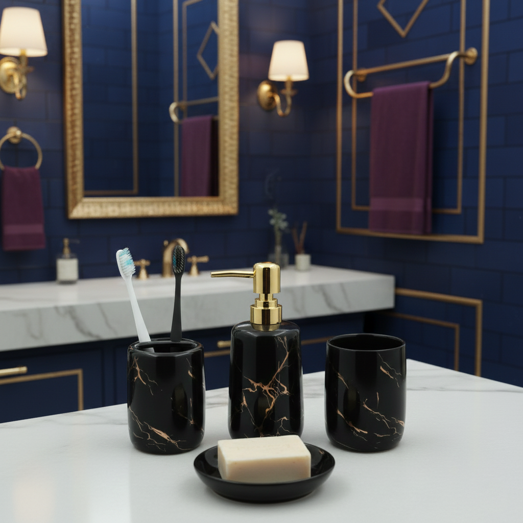 Luxury Black Marble Bathroom Accessory Set with Gold Pump – 4 Piece Soap Dispenser, Toothbrush Holder, Tumbler & Soap Dish