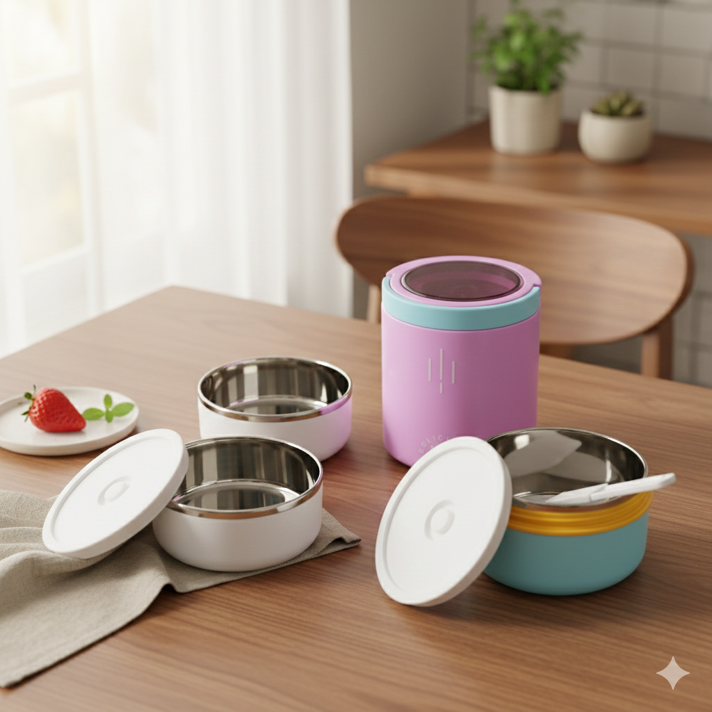 Triple Compartment Stainless Steel Lunch Box (Pink - Blue)