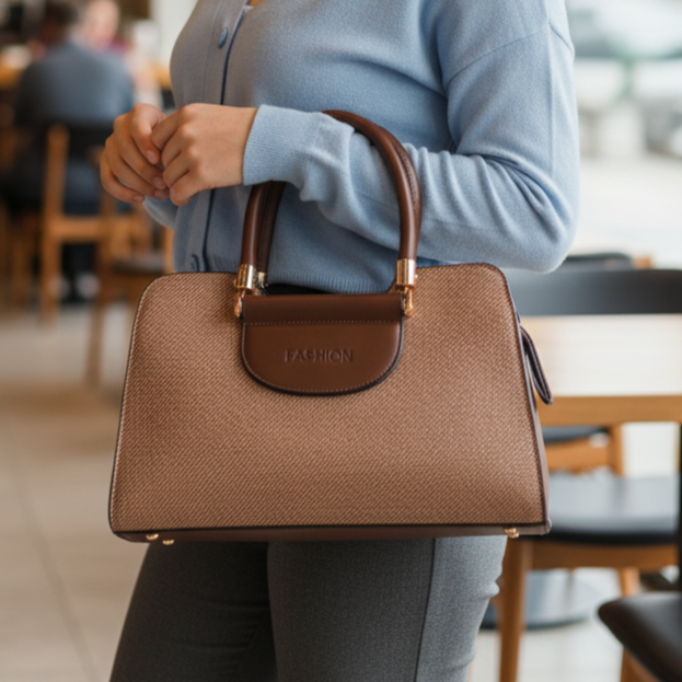Women’s Brown & Beige Textured Handbag – Polyurethane Finish with Gold Accents & Adjustable Sling Strap