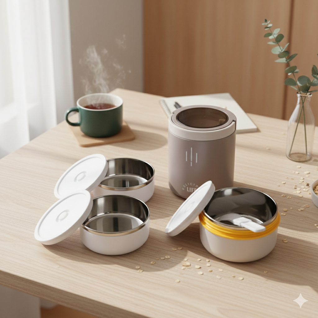 Triple Compartment Stainless Steel Lunch Box  (Taupe Grey)