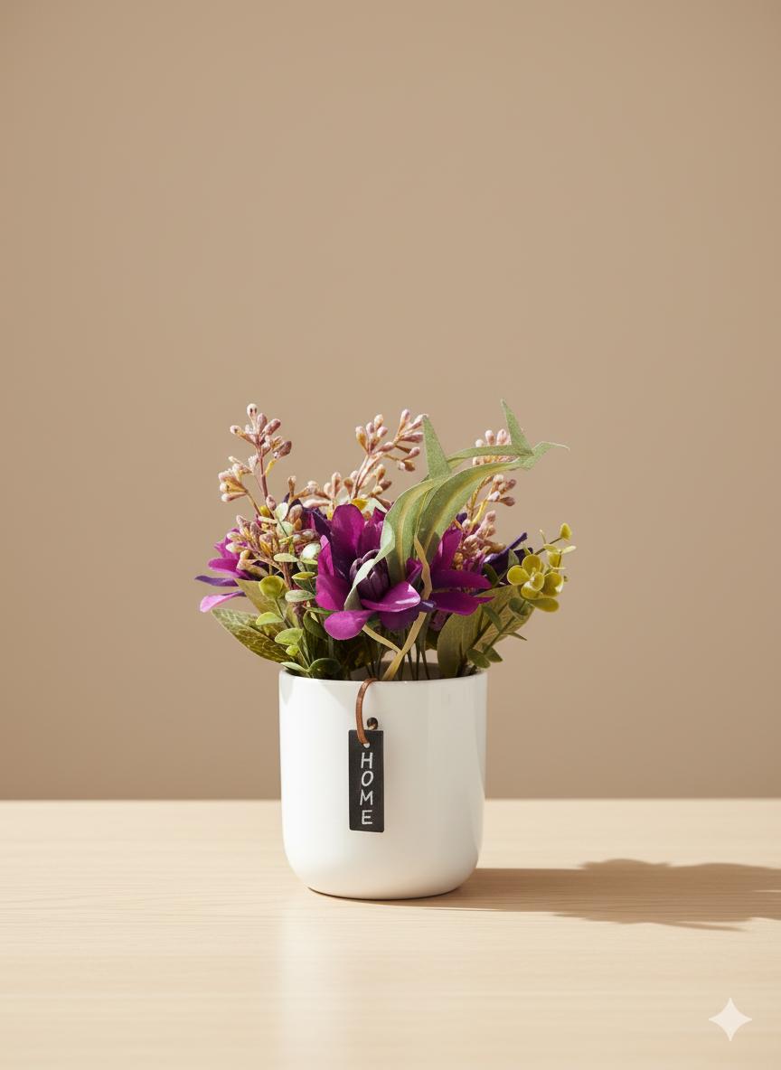 White Ceramic Planter with Artificial Purple Flowers & Green Foliage