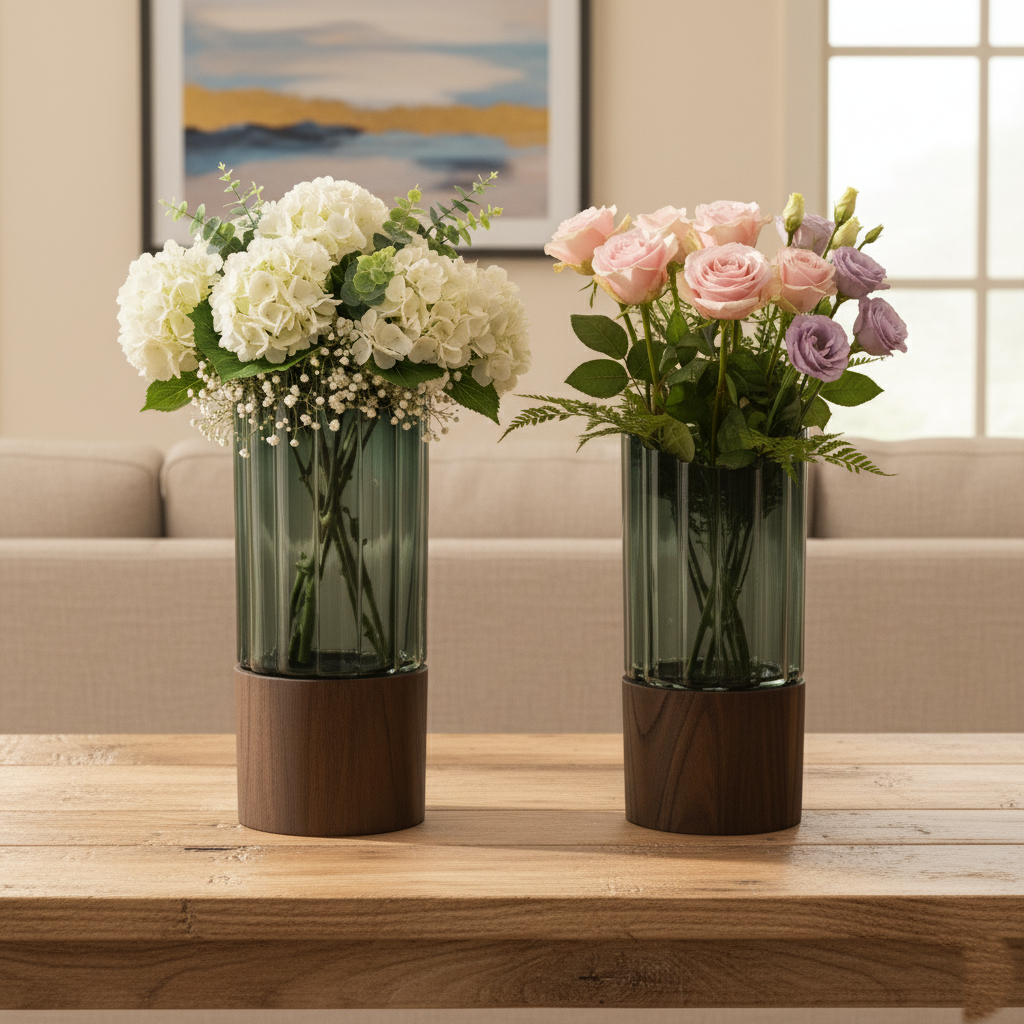 Ribbed Smoky Glass Vase with Wooden Base (Set of 2 / Individual)