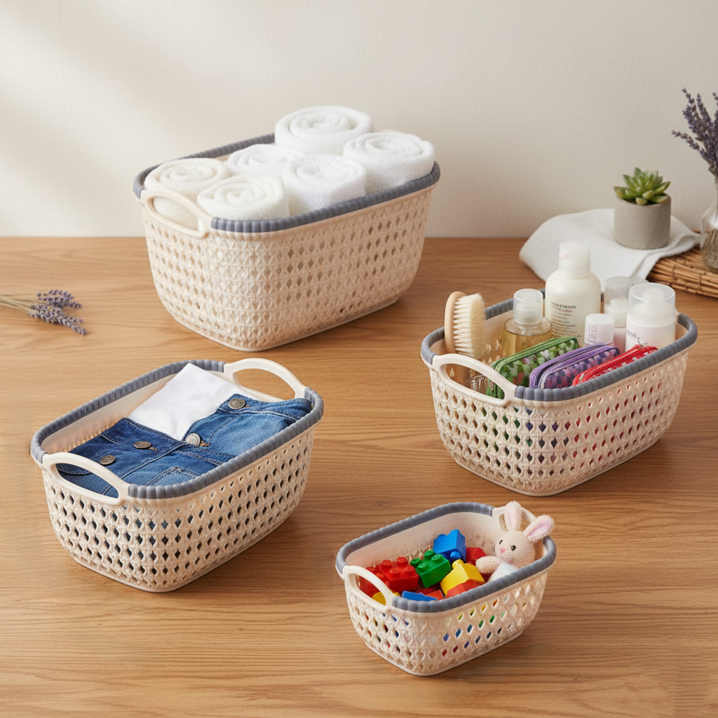 Premium Multi-Purpose Woven Storage Basket Set of 4 (Orange Color)