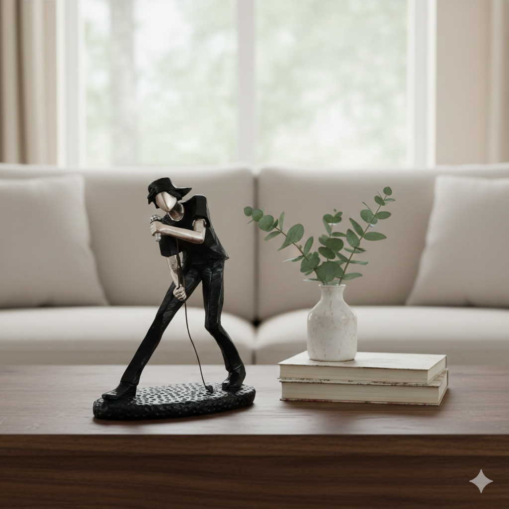 Modern Abstract Musician Figurine – Singer in Matte Black & Metallic Silver