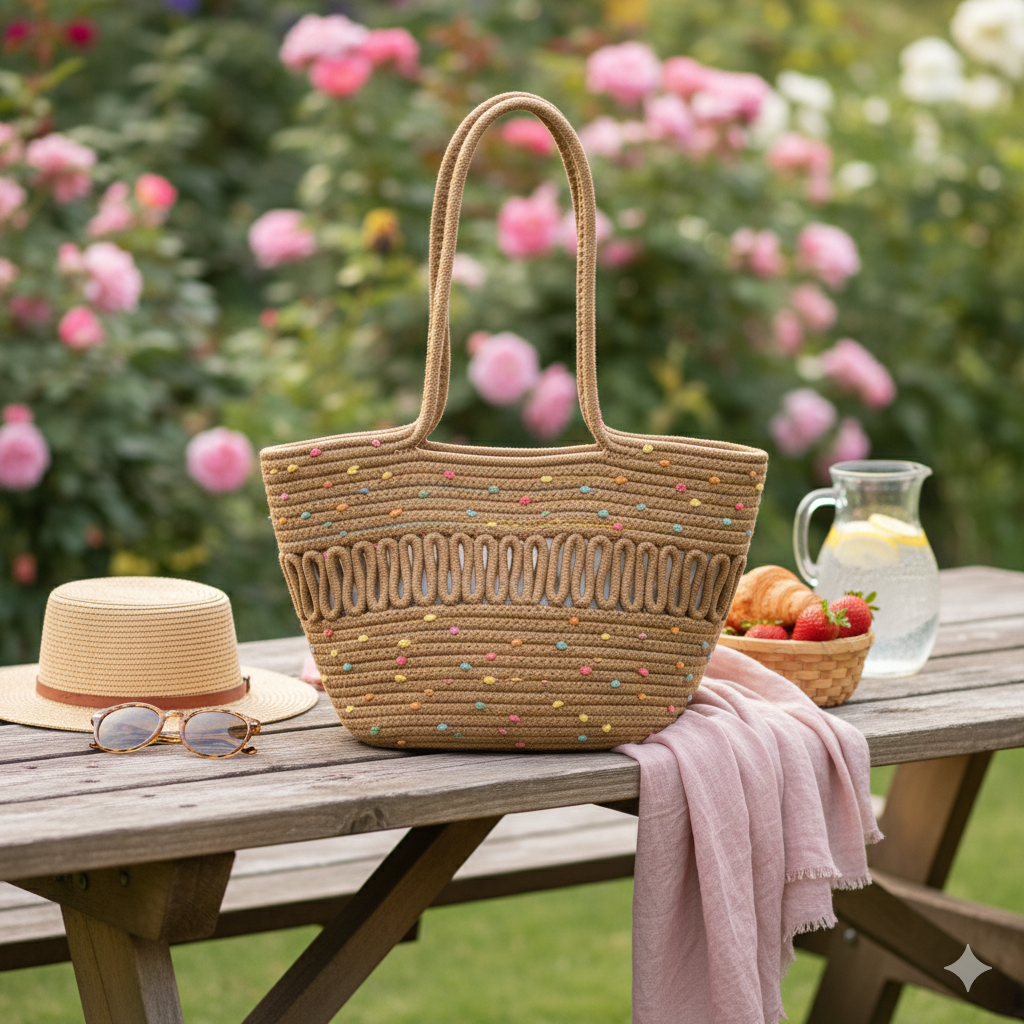 Beige Cotton Woven Tote Bag