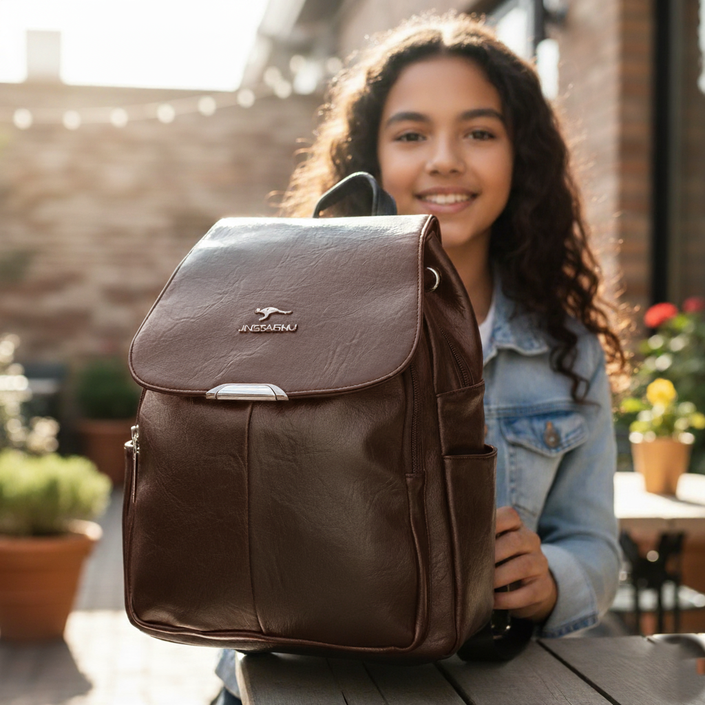 Unisex Brown Leather-Look Backpack – Multi-Pocket Design with Adjustable Straps & Secure Flap Closure
