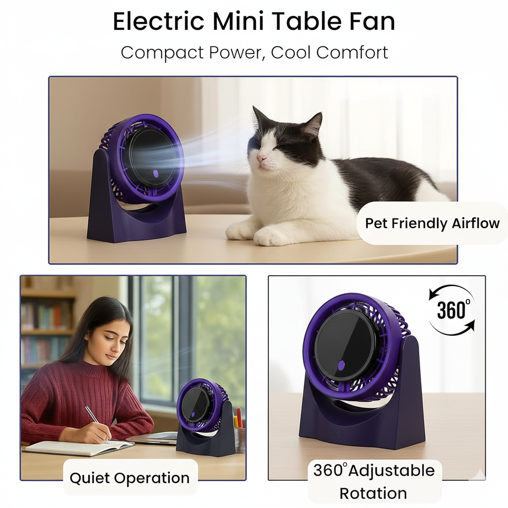 Electric Mini Table Fan (Charcoal Grey with Purple ring)