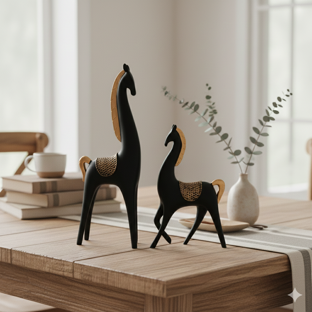 Elegant Horse Figurines – Black & Gold Polyresin Showpiece Set of 2