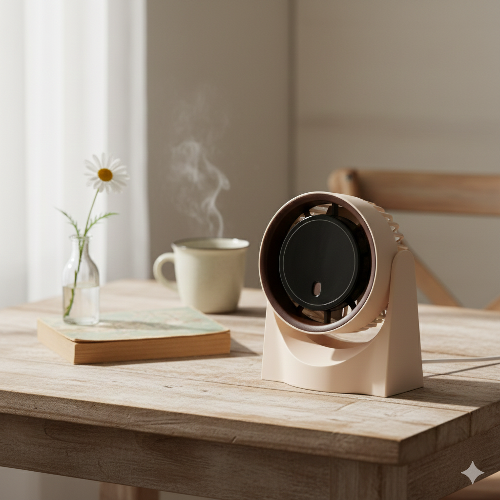 Electric Mini Table Fan (Beige with Brown Ring)