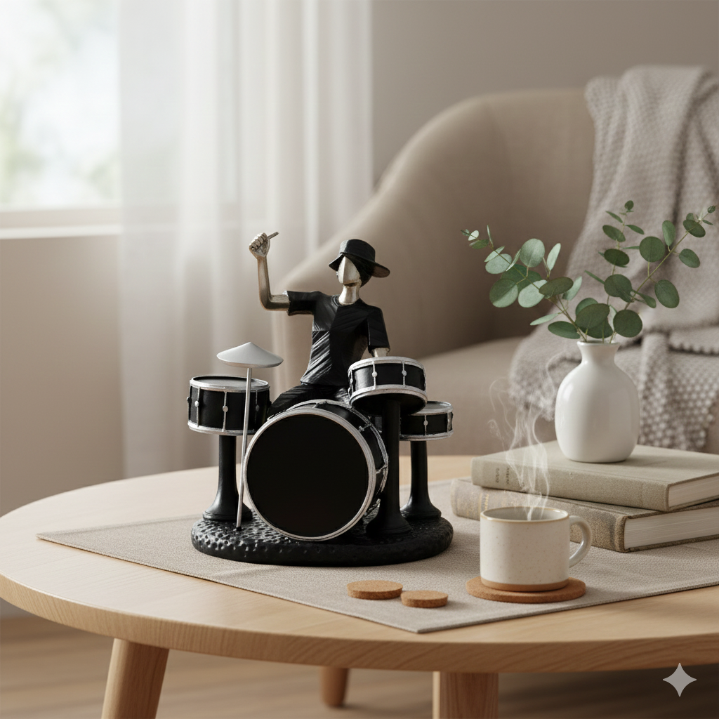 Decorative Musician Figurine – Silver & Black Drummer