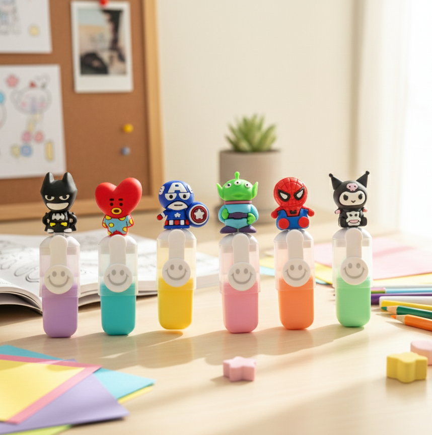 Cute Character Highlighter Set – 6 Pcs Pastel Highlighters for Kids, School & Journaling