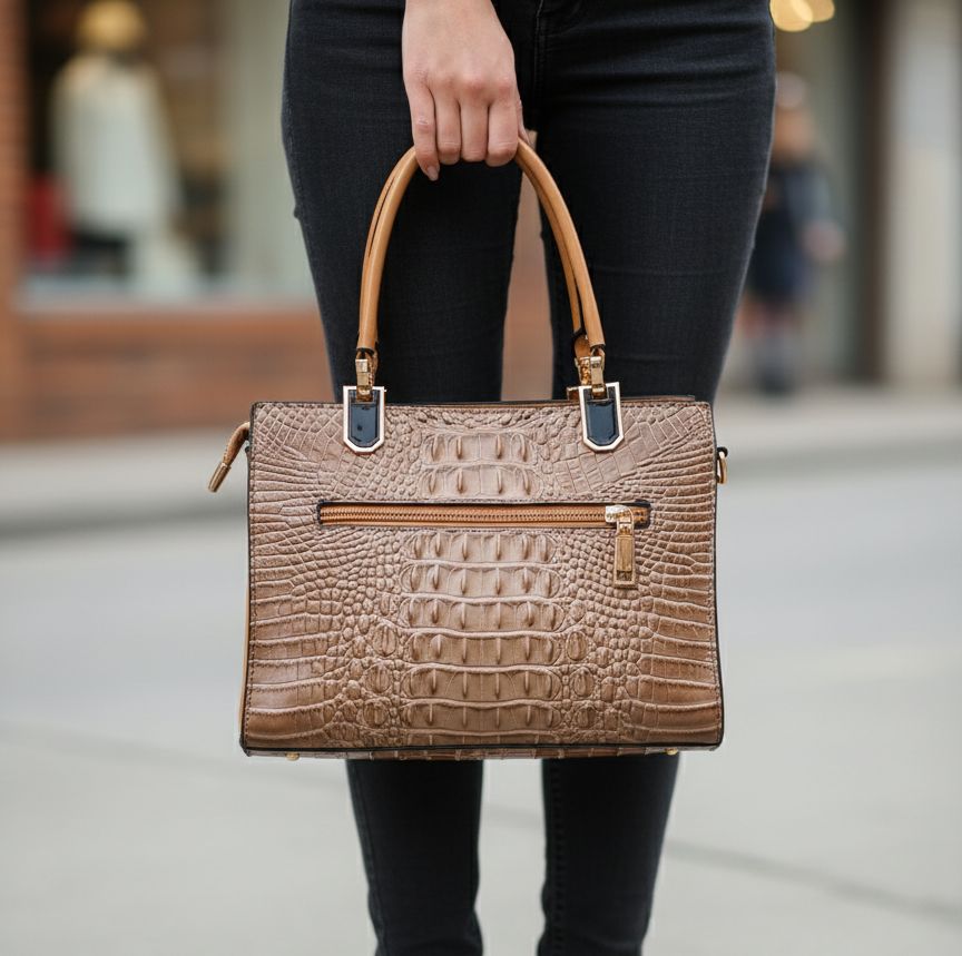 Women’s Brown Croc-Texture Handbag – Leatherette Finish with Gold Detailing & Sling Strap