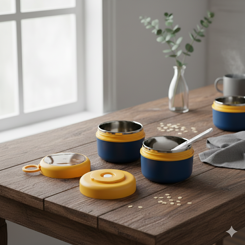 Double Compartment Stainless Steel Twist & Go Lunch Box (Blue with Yellow)