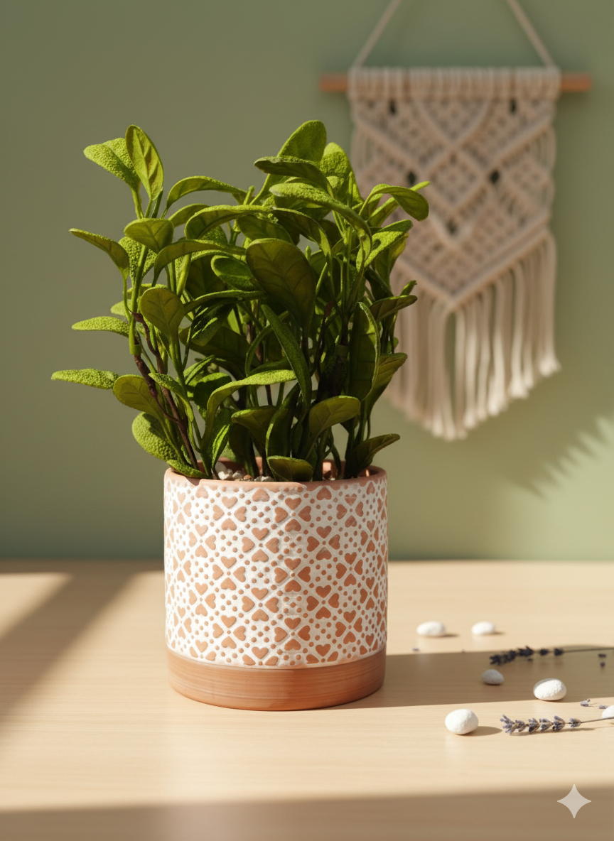 Decorative Patterned Ceramic Planter with Artificial Green Plant