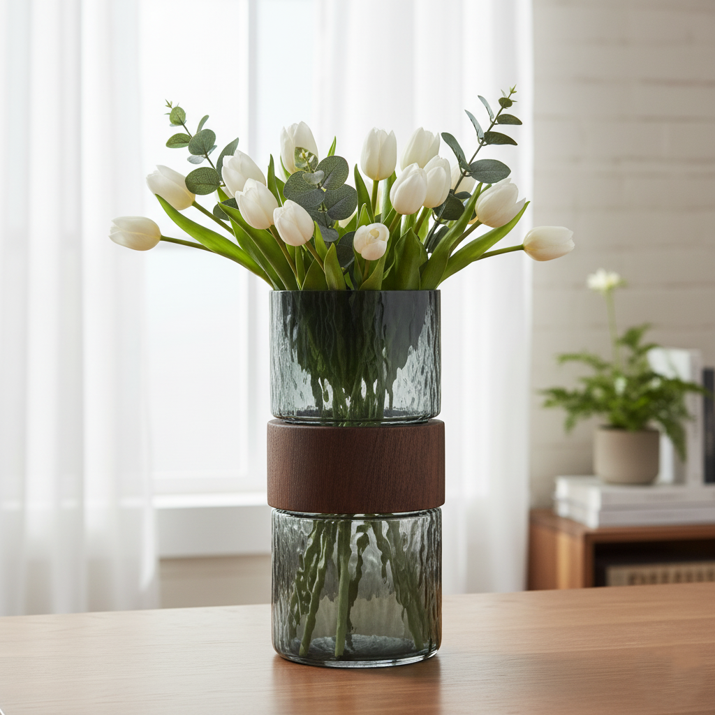 Small Smoky Textured Glass Vase with Wooden Ring