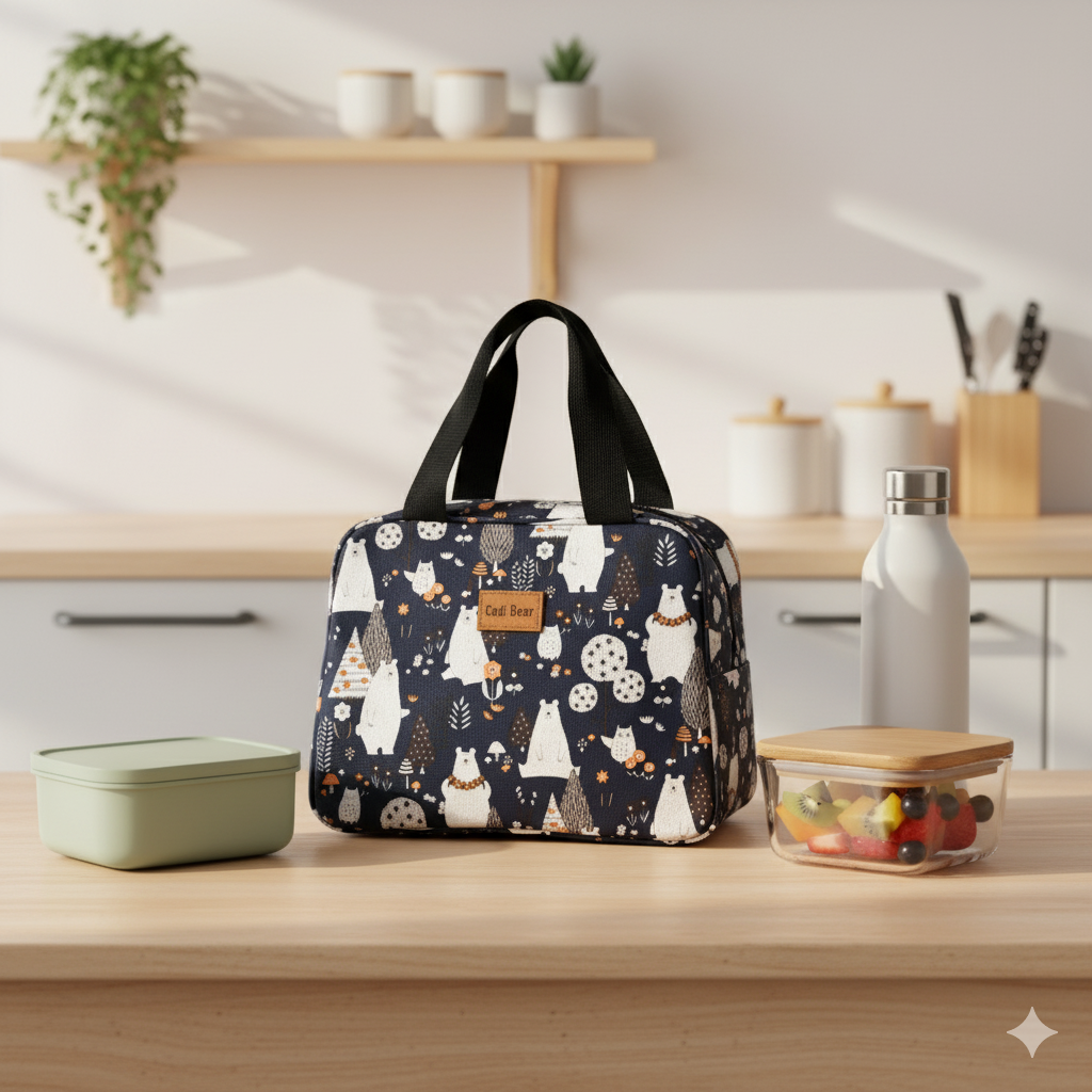 Navy Blue Polar Bear Thermal Insulated Lunch Bag