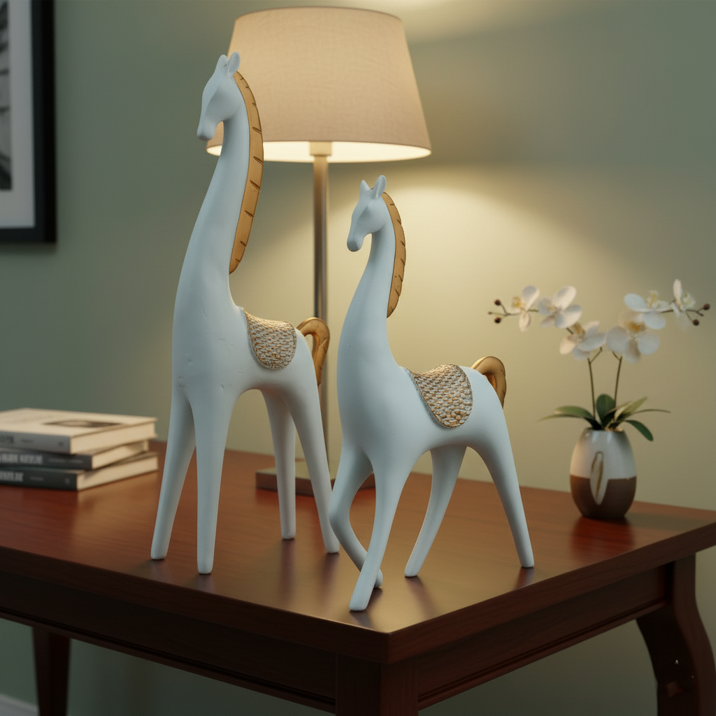 Elegant Horse Figurines – White & Gold Polyresin Showpiece Set of 2